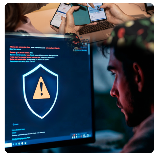 Indian man looking at cybersecurity warning screen 